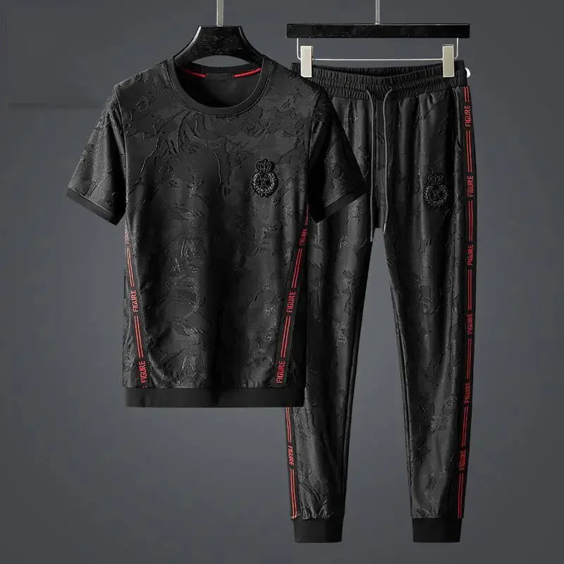 Minglu Summer Sport Casual Jacquard Men's Sets Luxury Round Collar Solid Color Male T-shirts Elastic Waist Pants Man Tracksuit