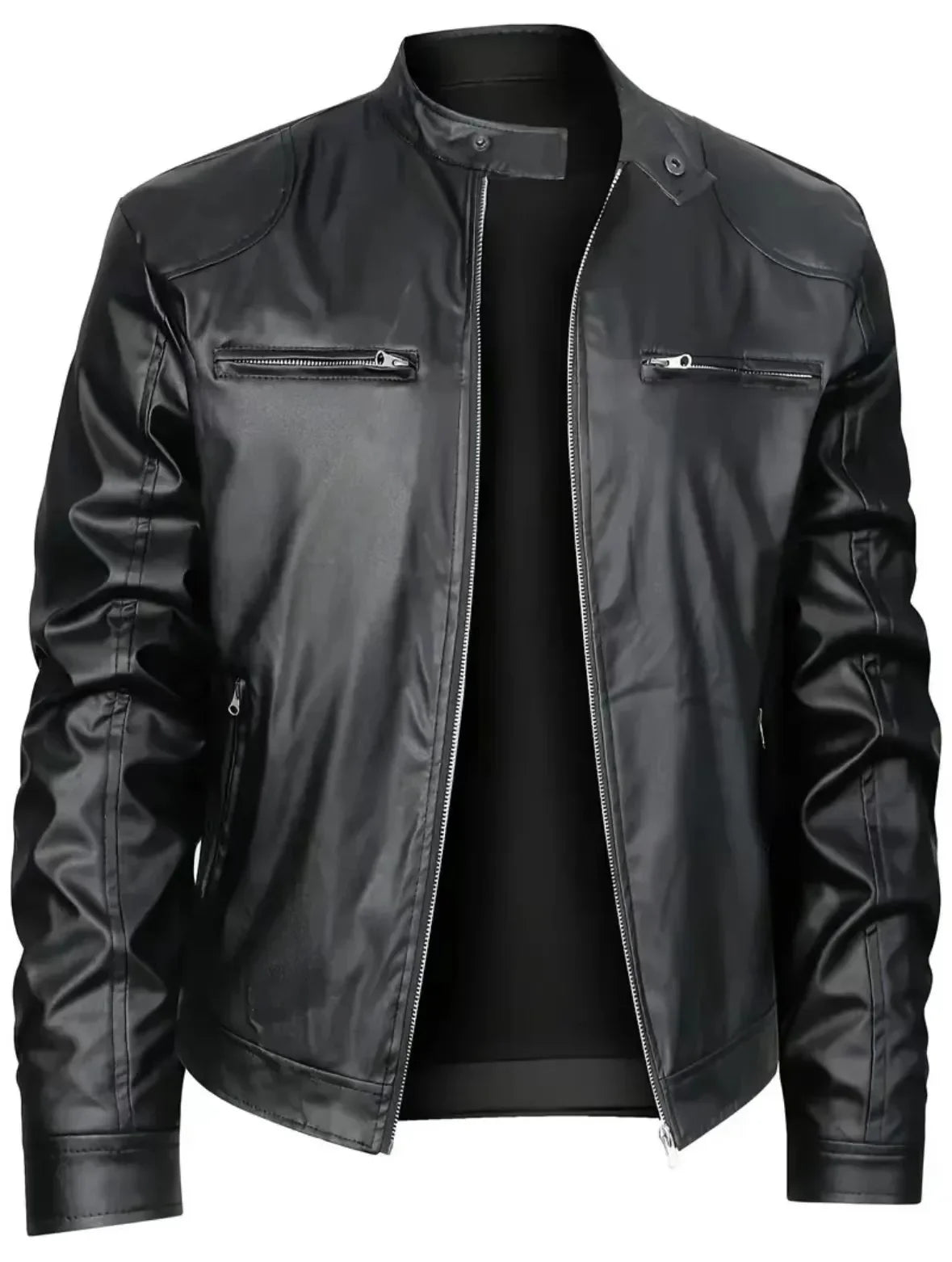 Mens High-quality Locomotive Leather Jacket Fashion Stand-up Collar Punk Leather Jacket Men