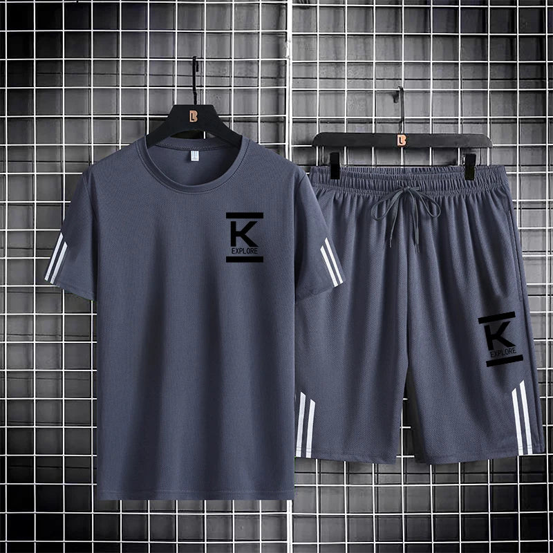 Trendy and fashionable men's sports suit short sleeved quick drying ice silk three bar mesh breathable running two-piece set