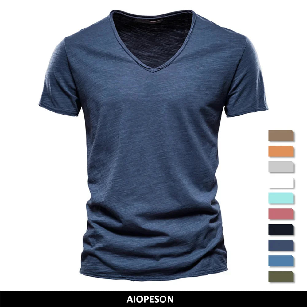 Brand Quality 100% Cotton Men T-shirt V-neck Fashion Design Slim Fit Soild Male Tops Tees Short Sleeve