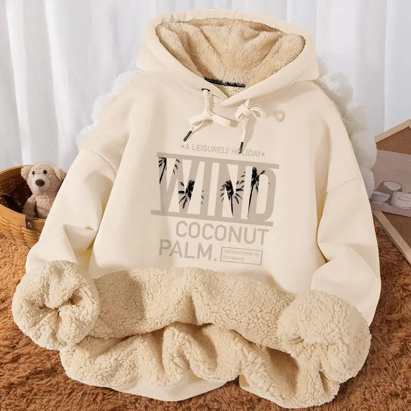 Plus-velvet Hoodies Women Winter Thicken Warm Loose All-match Leisure College Ulzzang Design Printed Fashion Drawstring Hip Hop