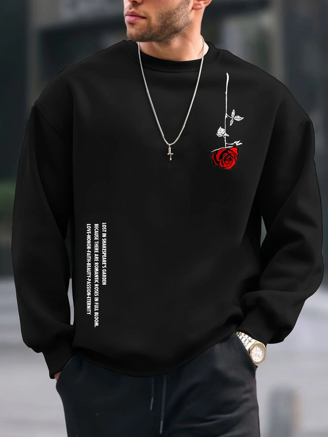 Men's autumn and winter fashionable casual loose plus rose pattern printed fleece pullover round neck long sleeved sweatshirt