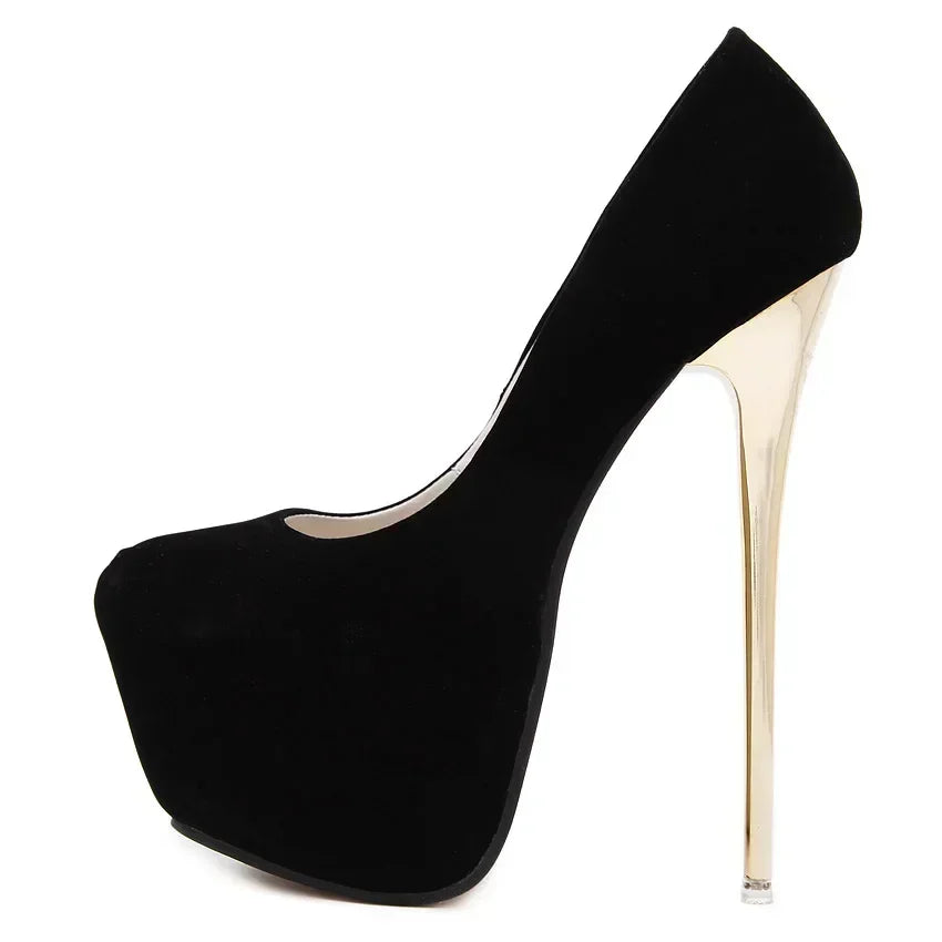 Sexy Club Suede Womens Black High Heels 16cm Stiletto Shoe Female Waterproof Stripper Flock Pumps Ladies Shoes Plus Size 45