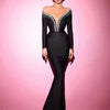 Elegant Women's Diamond Set Bandage Dress with Shoulder Card Long Sleeve Bodycon Long Dress Cocktail Evening Party Vestidos