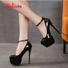 Disco Dance Pumps Women 5.5cm Platform Girding Buckle 16cm Super High Thin Heels