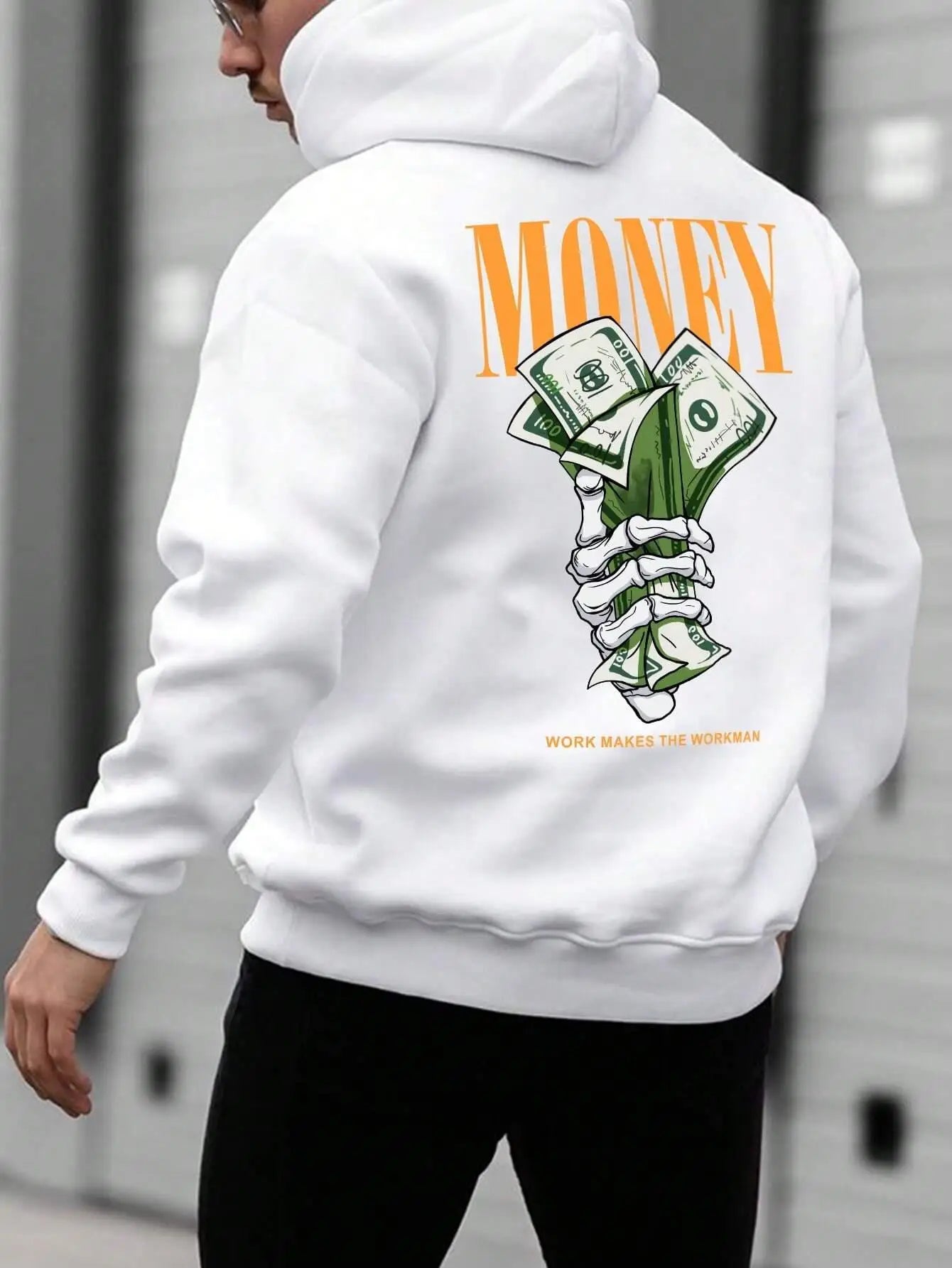 Street Trend Letter Money Printing Hoodie For Men Pocket Drawstring Pullovers Fleece Warm Sweatshirts Autumn Comfortable Clothes