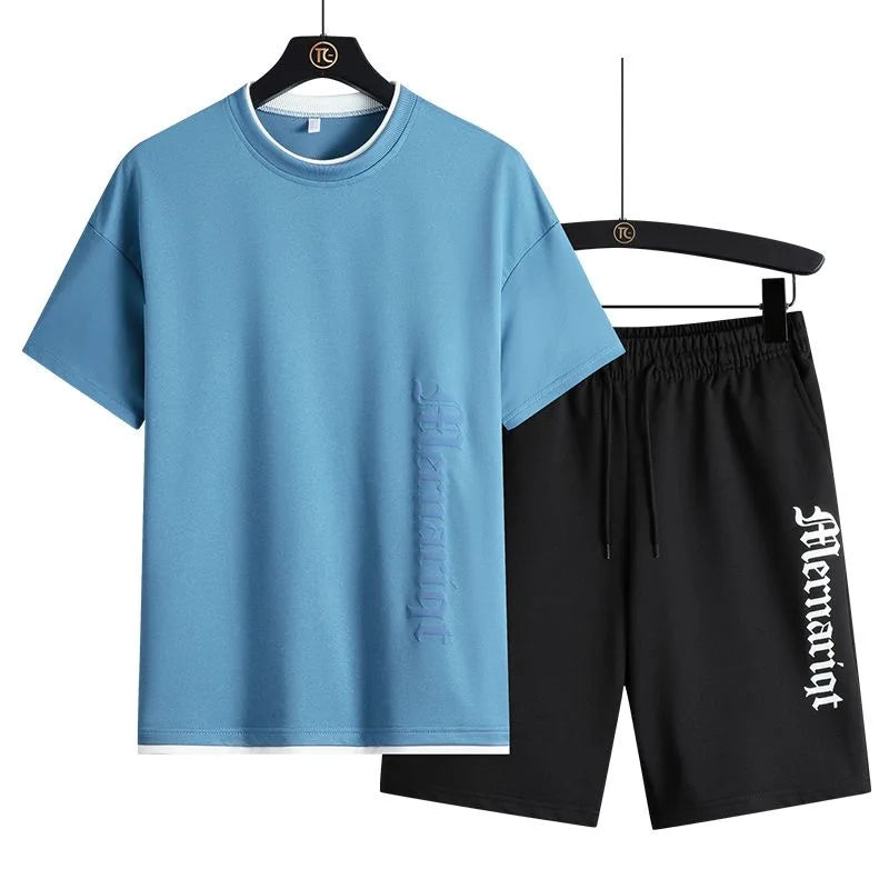 2024 Summer New Fashion Solid Color Short-Sleeved T-shirt Set Men's Casual Relaxed Comfortable Breathable Sports Two-Piece Set