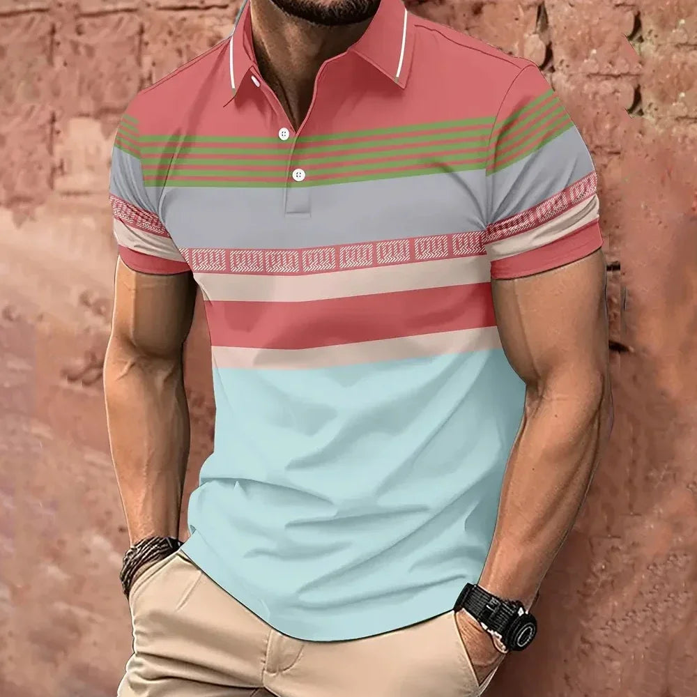 Men's Polo T-Shirt Streetwear Fashion Stripe Printing Summer New Short Sleeves Button Tops Oversized Casual Golf High-quality