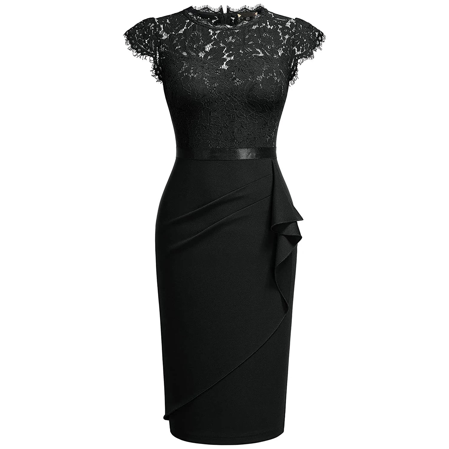 Women's Elegant Floral Lace Ruffle Cap Sleeve Cocktail Party Knee Length Dress