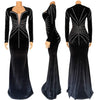 Women Sexy Velvet Mesh Rhinestone V-Neck Floor-Length Evening Party Dress Long Sleeve Back Zipper Mermaid Dresses