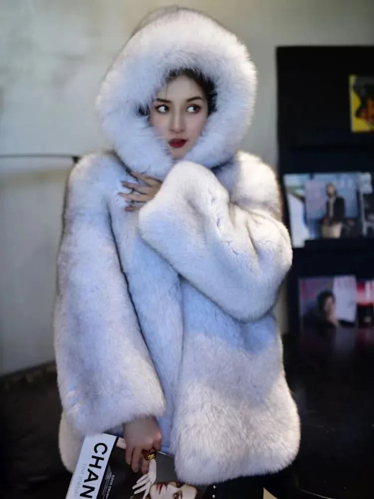 Hot selling Fashion Winter New Real Fox Fur Coat Women Hooded Natural Silver Red Fox Fur Jacket Female Thick Warm Outerwear