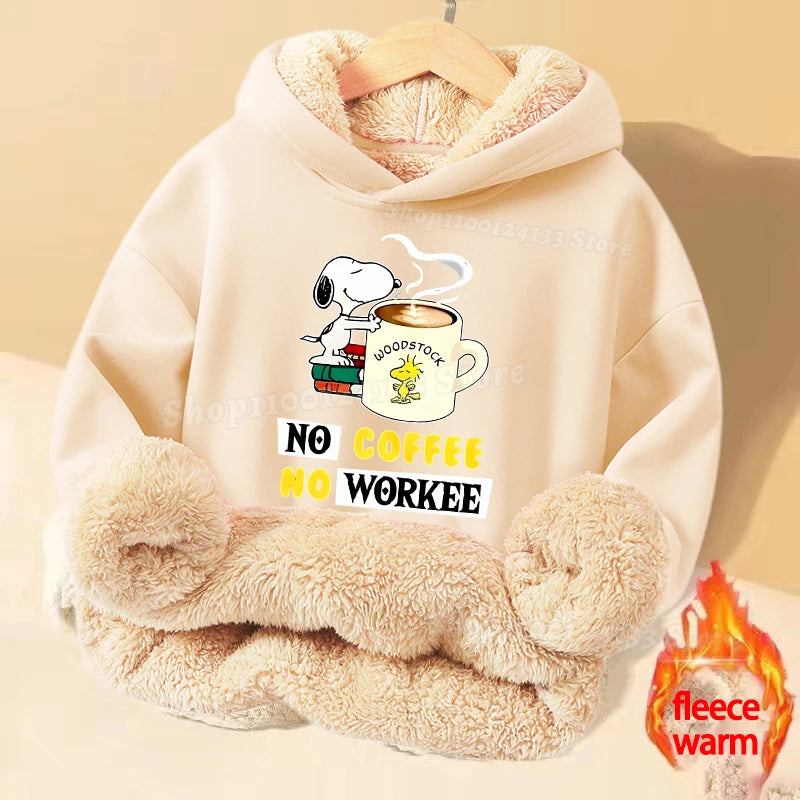 Snoopys Baby Sweatshirt Thickened Fleece Girl Hoodie Cartoon Clothes Long Sleeve Winter Warm Cashmere Hoodie Tops Jacket Kid New