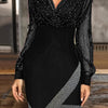 Sensual V-Neck Elegant Long-Sleeve Dress with Mesh & Sequins Patchwork Showcasing Feminine Charm