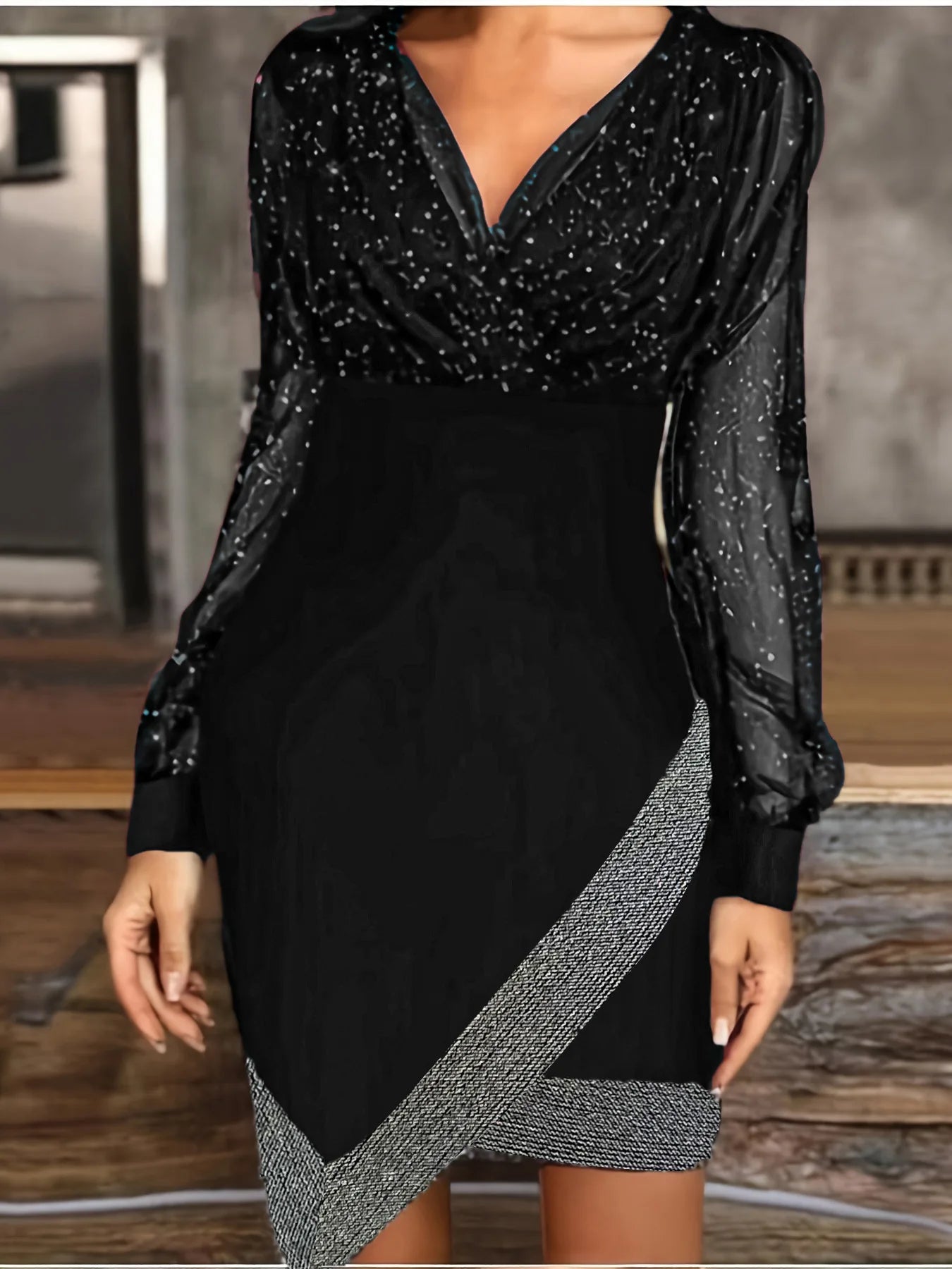 Sensual V-Neck Elegant Long-Sleeve Dress with Mesh & Sequins Patchwork Showcasing Feminine Charm