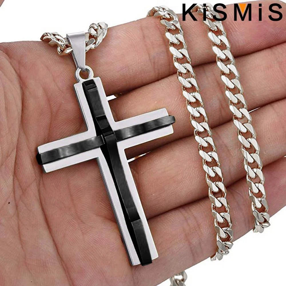 KISMIS 1PC Stainless Steel Cross Necklace Pendant Jewelry Catholic and Christian Jesus Amulet