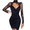 Women'S Lace Hollow Sexy Tight Dress Patchwork Satin Long Sleeve Formal Dress Ladies See-Through Lace Sleeve Dresses Vestidos