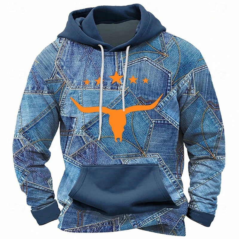 Blue Patchwork Print Hoodie Hip Hop Street Men Clothes Oversized Hooded Coat Personality Fashion Trend Y2k Harajuku New Hoodies