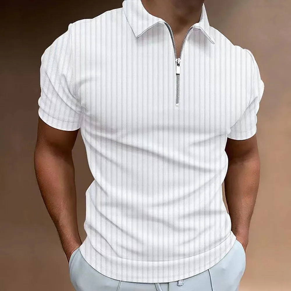 New Mens Fashion Polo Shirt Summer Stripe Zipper Mens Polo Shirt Solid Color T-shirt Brand Short Sleeve Shirt Casual SlimmingTop