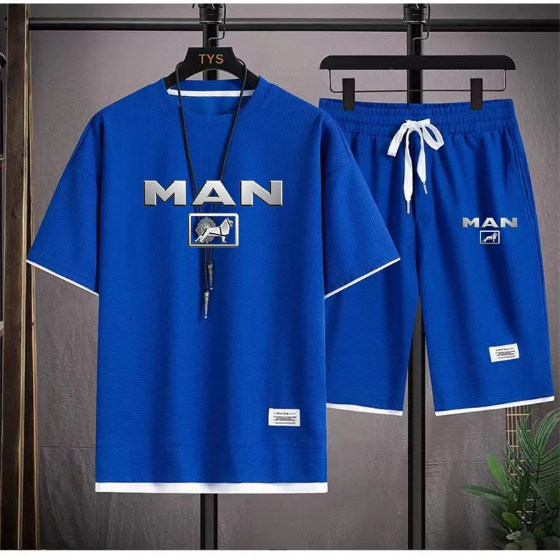 Mens Tracksuit T-shirt and Shorts Two Piece Set Truck Man Car Logo Men Sports Suit Fashion Breathable Sets