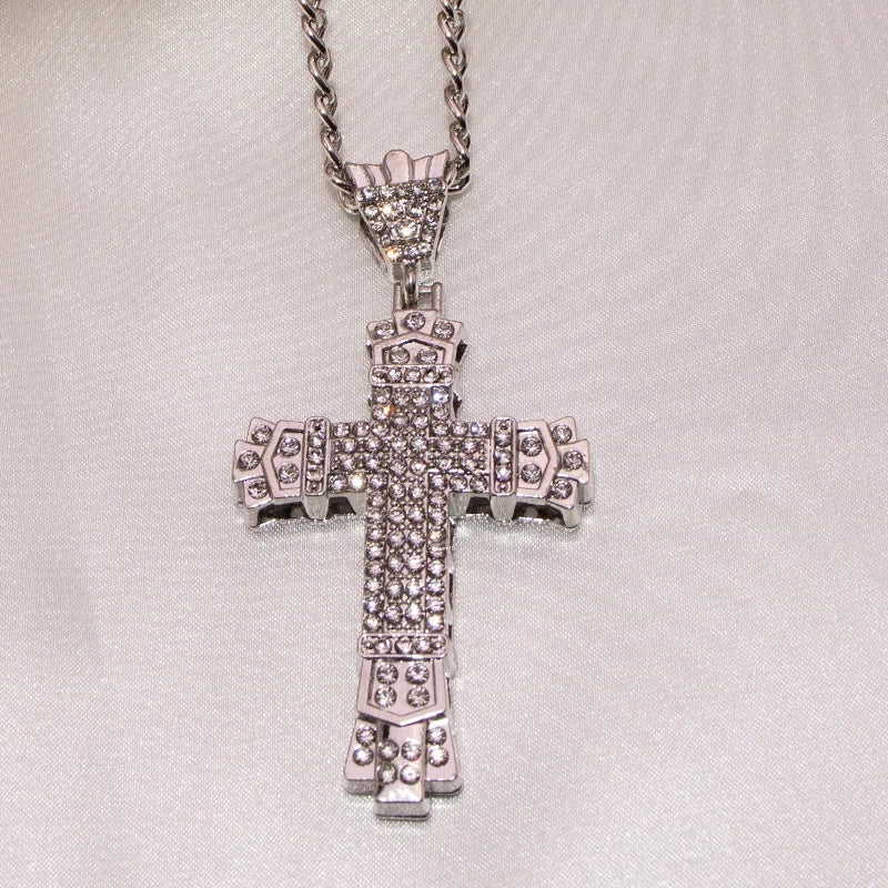 1 Simple Style MEN'S Rhinestone Christian Cross Rhinestone Pendant Necklace Personality Fashion Street Domineering Chain Jewelry